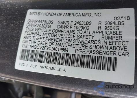 2018 Honda Accord Touring 2.0T z USA, uszkodzony, nr VIN 1HGCV2F94JA019664